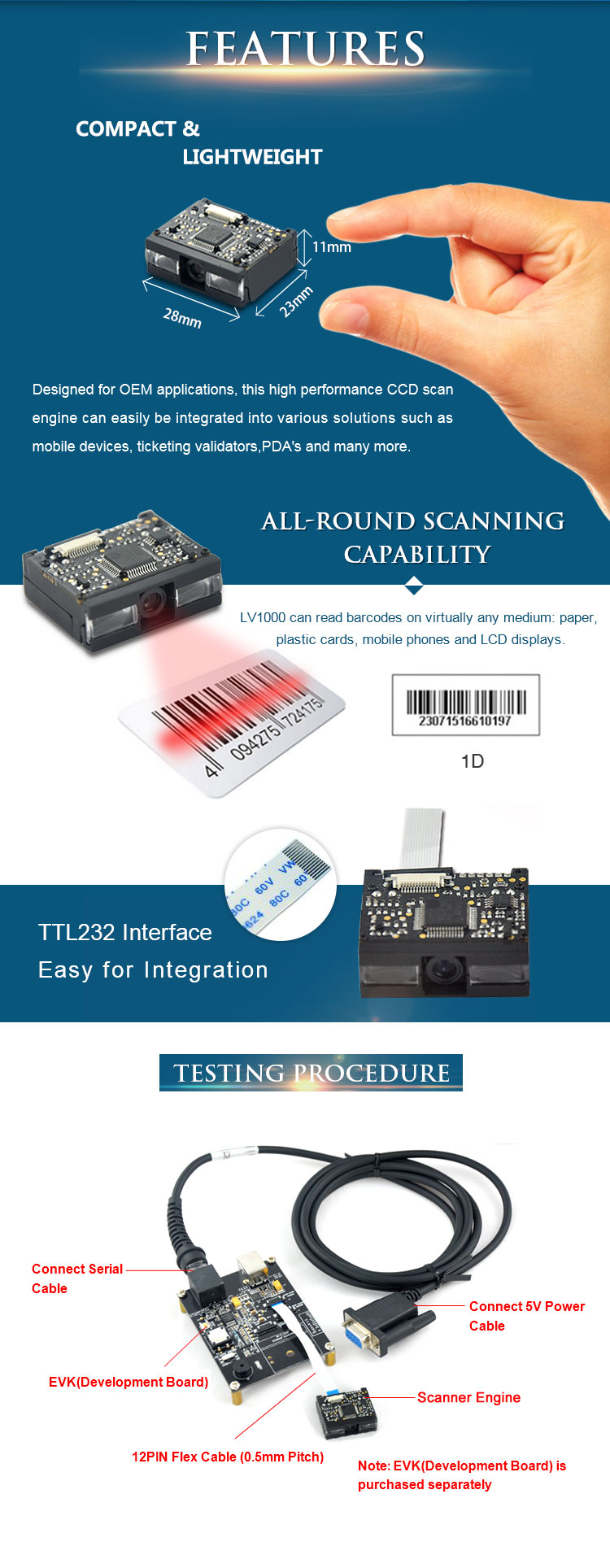 LV1000 1D Scanner Moduli Codabar Soma Swift